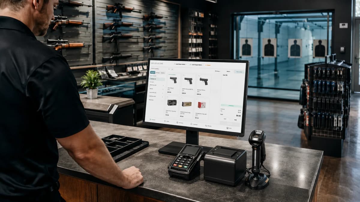 Range employee using Solidus at the counter