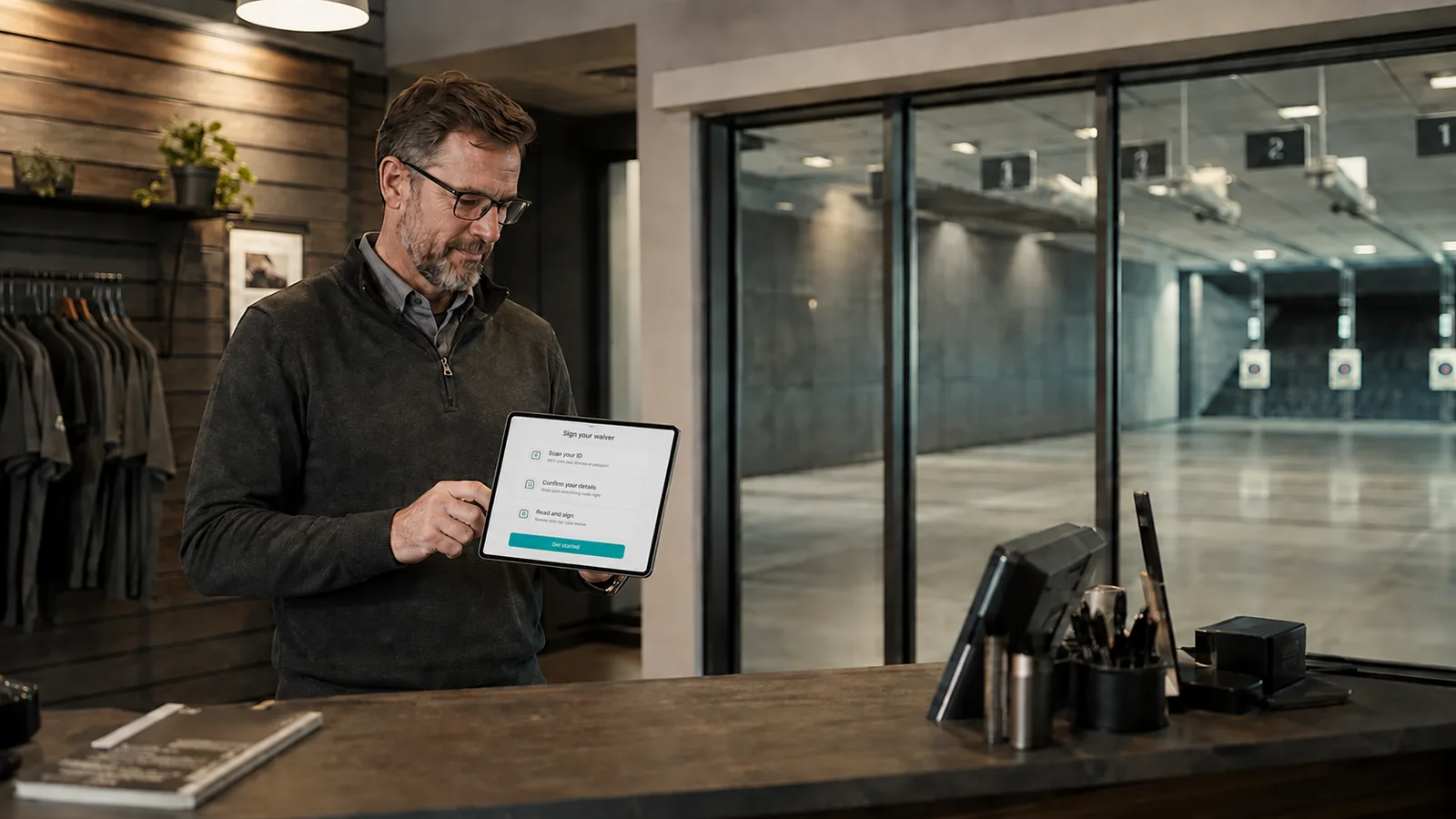 Indoor shooting range owner reviewing Solidus before opening